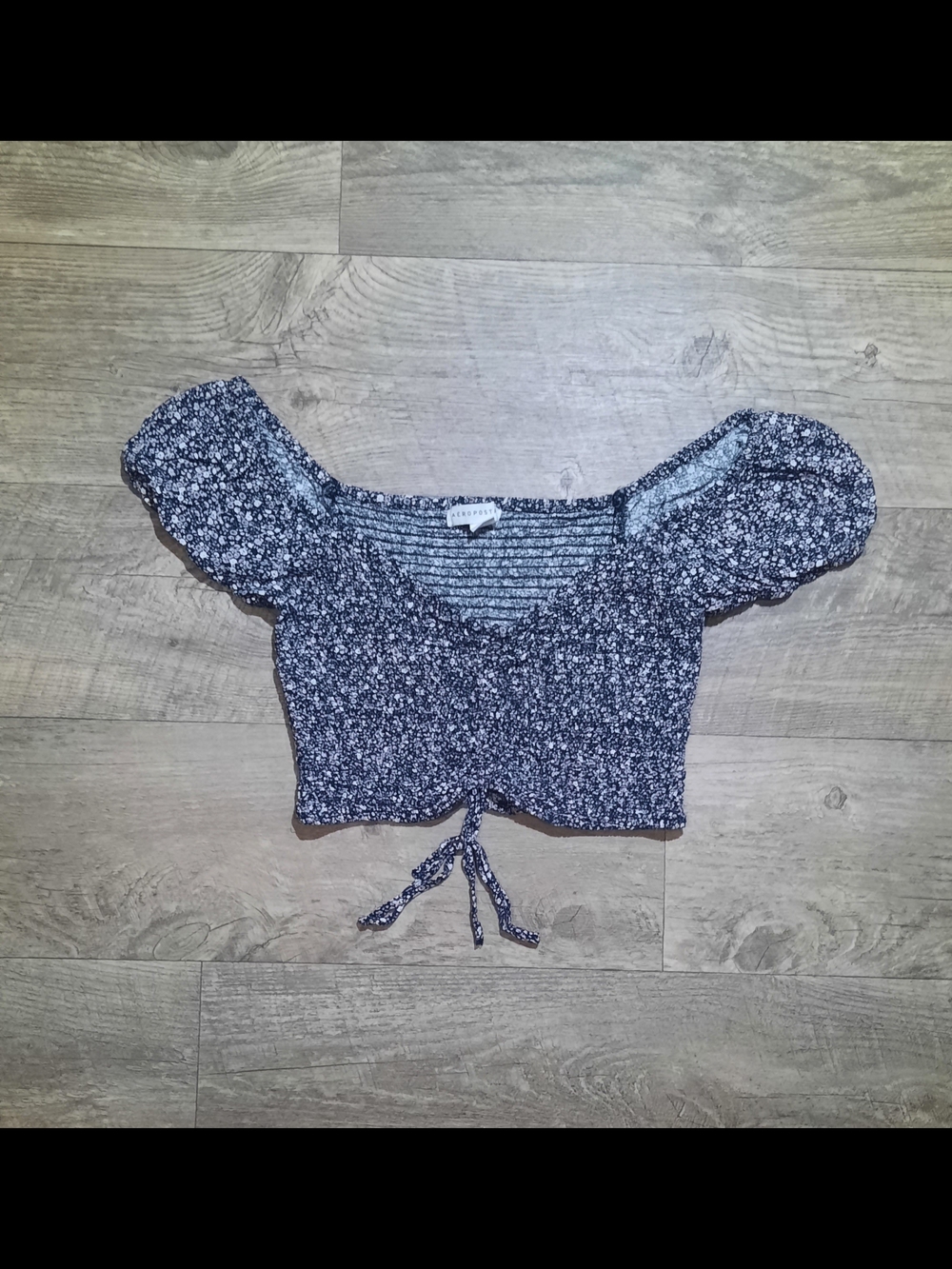 Aeropostale Floral Smocked Off The Shoulder Crop Top - Navy